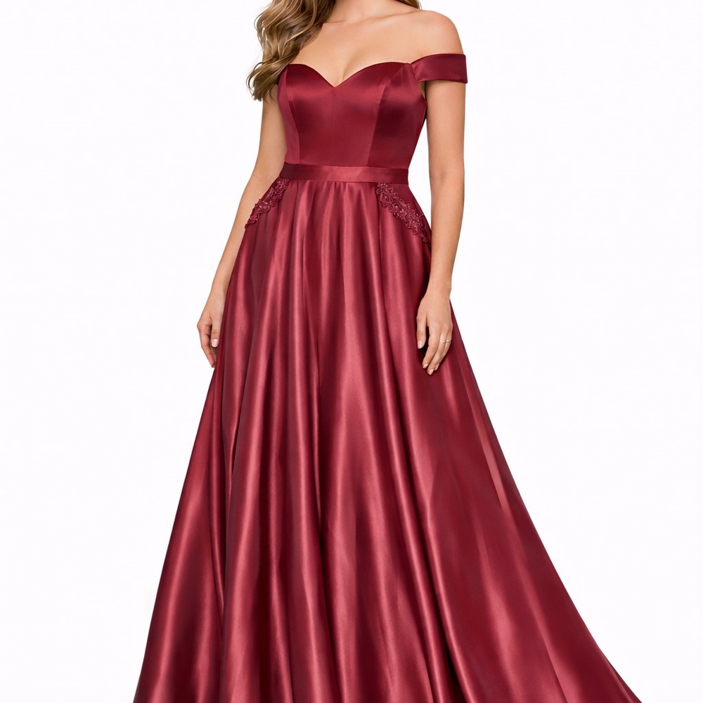 Burgundy Satin Formal Ball Gown – Corset Back – Lace Pocket Detail  Large